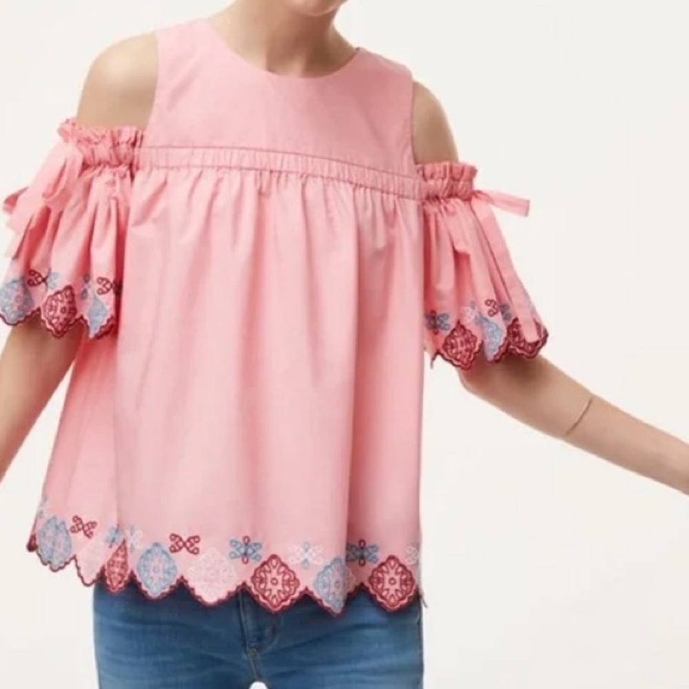 LOFT embroidered pink cold shoulder top